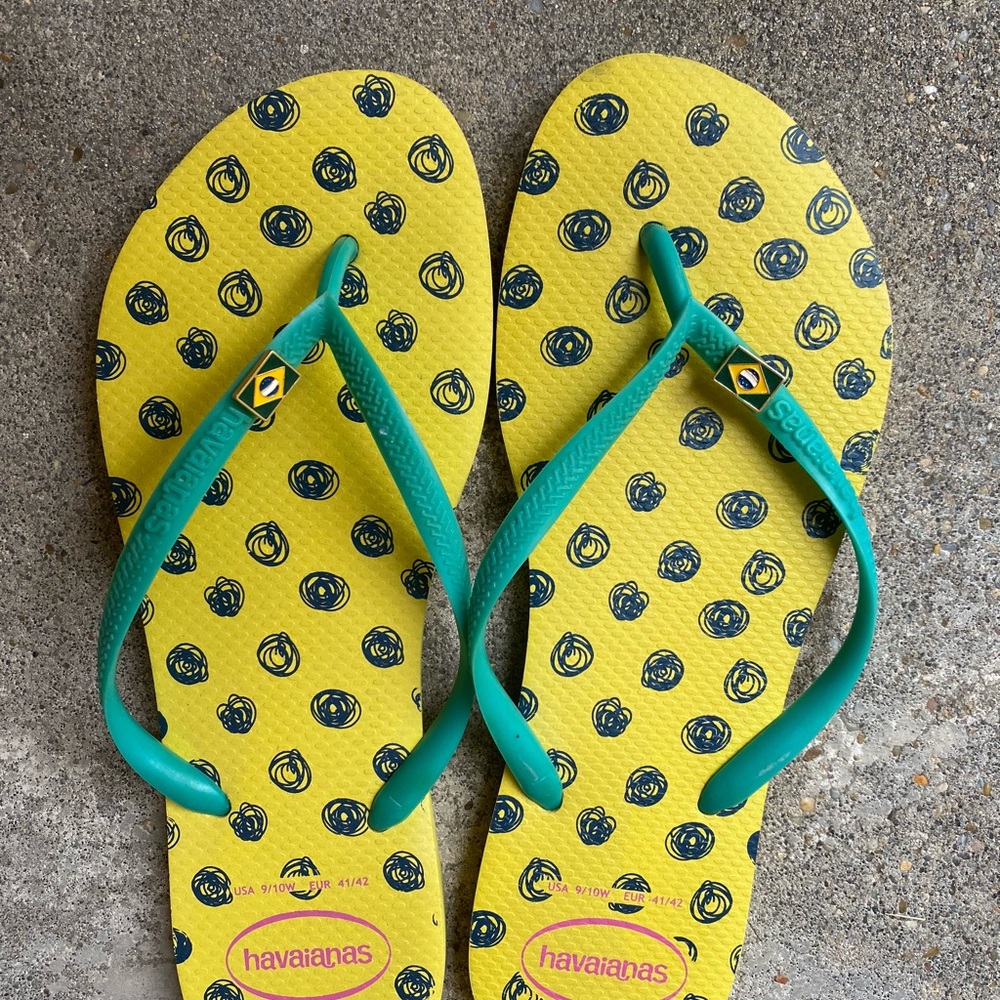 Havaianas Vibrant Slim Fresh Yellow Flip Flops with Teal Straps size 9/10 - Picture 3 of 4